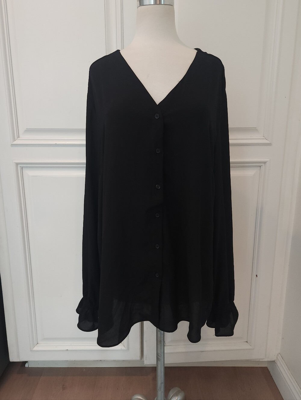 Black V-Neck Button Front Women's Blouse